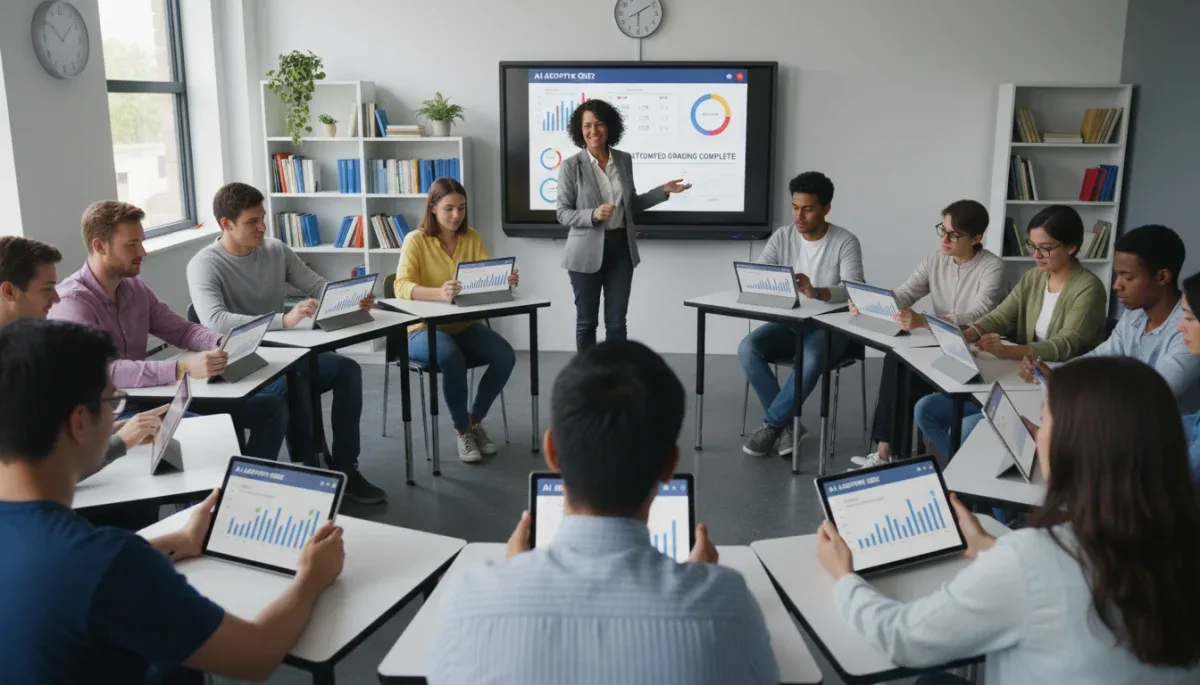 Alunos fazendo questionários adaptativos baseados em IA em sala de aula