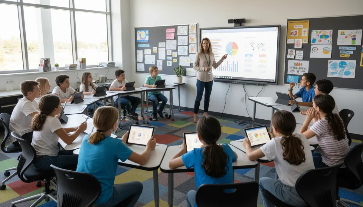 Sala de aula inovadora com alunos engajados em aprendizado ativo com base no novo currículo